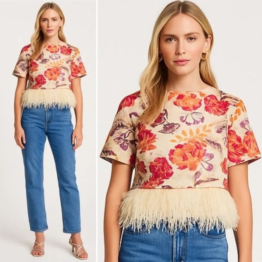 LE SUPERBE Floral Super Rose Print Bateau Neckline Feather Trim Blouse Top 4